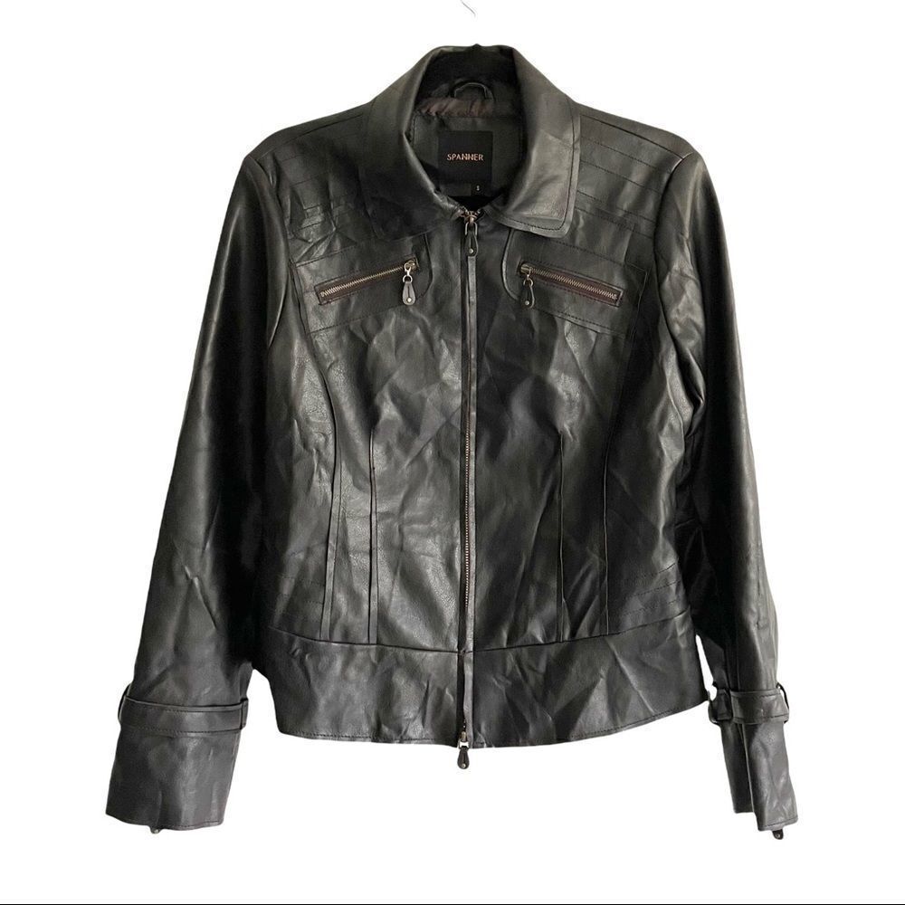 SPANNER Faux Leather Zip Front Moto Biker Jacket Dark Brown S